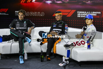 03/11/2024 - NORRIS Lando (gbr), McLaren F1 Team MCL38, RUSSELL George (gbr), Mercedes AMG F1 Team W15, TSUNODA Yuki (jap), Visa Cash App RB F1 Team VCARB 01, portrait, press conference during the Formula 1 Grande Premio de Sao Paulo 2024, 21th round of the 2024 Formula One World Championship from November 1 to 3, 2024 on the Interlagos Circuit, in Sao Paulo, Brazil - F1 - SAO PAULO GRAND PRIX 2024 - FORMULA 1 - MOTORI