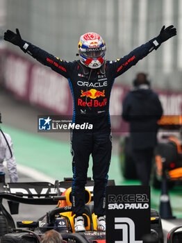 03/11/2024 - VERSTAPPEN Max (ned), Red Bull Racing RB20, portrait celebrates his victory during the Formula 1 Grande Premio de Sao Paulo 2024, 21th round of the 2024 Formula One World Championship from November 1 to 3, 2024 on the Interlagos Circuit, in Sao Paulo, Brazil - F1 - SAO PAULO GRAND PRIX 2024 - FORMULA 1 - MOTORI