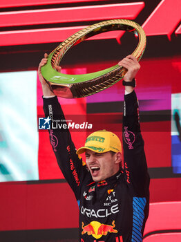 03/11/2024 - VERSTAPPEN Max (ned), Red Bull Racing RB20, portrait celebrates the victory in podium trophy during the Formula 1 Grande Premio de Sao Paulo 2024, 21th round of the 2024 Formula One World Championship from November 1 to 3, 2024 on the Interlagos Circuit, in Sao Paulo, Brazil - F1 - SAO PAULO GRAND PRIX 2024 - FORMULA 1 - MOTORI