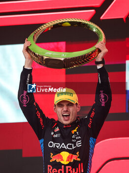 03/11/2024 - VERSTAPPEN Max (ned), Red Bull Racing RB20, portrait celebrates the victory in podium trophy during the Formula 1 Grande Premio de Sao Paulo 2024, 21th round of the 2024 Formula One World Championship from November 1 to 3, 2024 on the Interlagos Circuit, in Sao Paulo, Brazil - F1 - SAO PAULO GRAND PRIX 2024 - FORMULA 1 - MOTORI