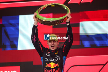 03/11/2024 - VERSTAPPEN Max (ned), Red Bull Racing RB20, portrait celebrates the victory in podium trophy during the Formula 1 Grande Premio de Sao Paulo 2024, 21th round of the 2024 Formula One World Championship from November 1 to 3, 2024 on the Interlagos Circuit, in Sao Paulo, Brazil - F1 - SAO PAULO GRAND PRIX 2024 - FORMULA 1 - MOTORI