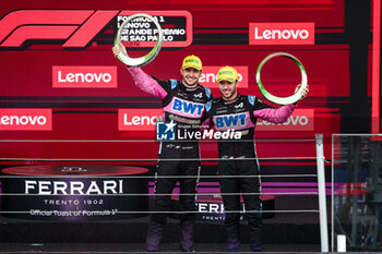 03/11/2024 - OCON Esteban (fra), Alpine F1 Team A524, portrait celebrating podium with GASLY Pierre (fra), Alpine F1 Team A524, portrait, during the Formula 1 Grande Premio de Sao Paulo 2024, 21th round of the 2024 Formula One World Championship from November 1 to 3, 2024 on the Interlagos Circuit, in Sao Paulo, Brazil - F1 - SAO PAULO GRAND PRIX 2024 - FORMULA 1 - MOTORI