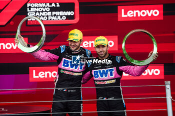 03/11/2024 - OCON Esteban (fra), Alpine F1 Team A524, portrait celebrating podium with GASLY Pierre (fra), Alpine F1 Team A524, portrait, during the Formula 1 Grande Premio de Sao Paulo 2024, 21th round of the 2024 Formula One World Championship from November 1 to 3, 2024 on the Interlagos Circuit, in Sao Paulo, Brazil - F1 - SAO PAULO GRAND PRIX 2024 - FORMULA 1 - MOTORI