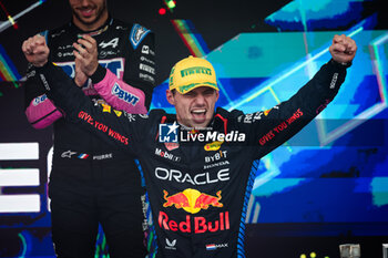 03/11/2024 - VERSTAPPEN Max (ned), Red Bull Racing RB20, portrait celebrating victory on the podium during the Formula 1 Grande Premio de Sao Paulo 2024, 21th round of the 2024 Formula One World Championship from November 1 to 3, 2024 on the Interlagos Circuit, in Sao Paulo, Brazil - F1 - SAO PAULO GRAND PRIX 2024 - FORMULA 1 - MOTORI