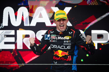 03/11/2024 - VERSTAPPEN Max (ned), Red Bull Racing RB20, portrait celebrating victory on the podium during the Formula 1 Grande Premio de Sao Paulo 2024, 21th round of the 2024 Formula One World Championship from November 1 to 3, 2024 on the Interlagos Circuit, in Sao Paulo, Brazil - F1 - SAO PAULO GRAND PRIX 2024 - FORMULA 1 - MOTORI