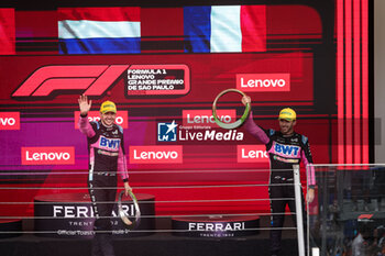 03/11/2024 - OCON Esteban (fra), Alpine F1 Team A524, portrait celebrating podium with GASLY Pierre (fra), Alpine F1 Team A524, portrait, during the Formula 1 Grande Premio de Sao Paulo 2024, 21th round of the 2024 Formula One World Championship from November 1 to 3, 2024 on the Interlagos Circuit, in Sao Paulo, Brazil - F1 - SAO PAULO GRAND PRIX 2024 - FORMULA 1 - MOTORI