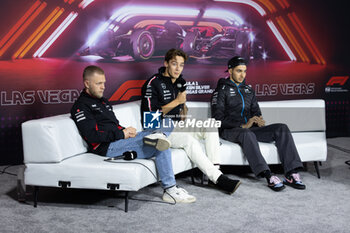 21/11/2024 - Press conference RUSSELL George (gbr), Mercedes AMG F1 Team W15, portrait OCON Esteban (fra), Alpine F1 Team A524, portrait MAGNUSSEN Kevin (den), Haas F1 Team VF-24 Ferrari, portrait during the Formula 1 Heineken Silver Las Vegas Grand Prix 2024, 22th round of the 2024 Formula One World Championship from November 21 to 23, 2024 on the Las Vegas Strip Circuit, in Las Vegas, United States of America - F1 - LAS VEGAS GRAND PRIX 2024 - FORMULA 1 - MOTORI