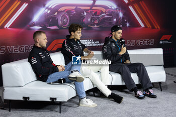 21/11/2024 - Press conference RUSSELL George (gbr), Mercedes AMG F1 Team W15, portrait OCON Esteban (fra), Alpine F1 Team A524, portrait MAGNUSSEN Kevin (den), Haas F1 Team VF-24 Ferrari, portrait during the Formula 1 Heineken Silver Las Vegas Grand Prix 2024, 22th round of the 2024 Formula One World Championship from November 21 to 23, 2024 on the Las Vegas Strip Circuit, in Las Vegas, United States of America - F1 - LAS VEGAS GRAND PRIX 2024 - FORMULA 1 - MOTORI