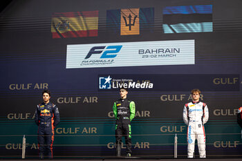 2024-03-02 - MALONEY Zane (bar), Rodin Motorsport, Dallara F2 2024, podium, portrait with MARTI Pepe (spa), Campos Racing and ARON Paul (est), Hitech Pulse-Eigt during the 1st round of the 2024 FIA Formula 2 Championship from February 29 to March 2, 2023 on the Bahrain International Circuit, in Sakhir, Bahrain - AUTO - FORMULA 2 2024 - BAHRAIN - FORMULA 2 - MOTORS