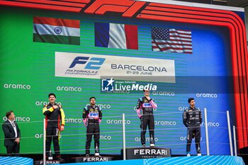 2024-06-22 - MARTINS Victor (fra), ART Grand Prix, Dallara F2 2024, CORREA Juan Manuel (usa), DAMS Lucas Oil, Dallara F2 2024, MAINI Kush (ind), Invicta Racing, Dallara F2 2024, portrait, podium during the 6th round of the 2024 FIA Formula 2 Championship from June 21 to 23, 2024 on the Circuit de Barcelona-Catalunya, in Montmeló, Spain - AUTO - FORMULA 2 2024 - BARCELONA - FORMULA 2 - MOTORS