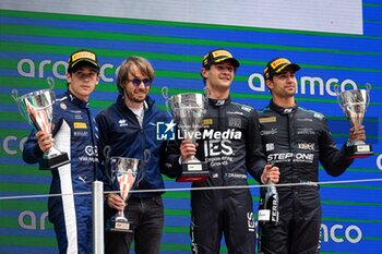 2024-06-23 - CRAWFORD Jak (usa), DAMS Lucas Oil, Dallara F2 2024, COLAPINTO Franco (arg), MP Motorsport, Dallara F2 2024, CORREA Juan Manuel (usa), DAMS Lucas Oil, Dallara F2 2024, portrait, podium during the 6th round of the 2024 FIA Formula 2 Championship from June 21 to 23, 2024 on the Circuit de Barcelona-Catalunya, in Montmeló, Spain - AUTO - FORMULA 2 2024 - BARCELONA - FORMULA 2 - MOTORS