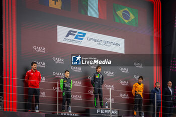 2024-07-06 - ANTONELLI Andrea Kimi (ita), Prema Racing, Dallara F2 2024, MALONY Zane (bar), Rodin Motorsport, Dallara F2 2024 and BORTOLETO Gabriel (bra), Invicta Racing, Dallara F2 2024, portrait, podium during the 8th round of the 2024 FIA Formula 2 Championship from July 5 to 7, 2024 on the Silverstone Circuit, in Silverstone, United Kingdom - AUTO - FORMULA 2 2024 - SILVERSTONE - FORMULA 2 - MOTORS