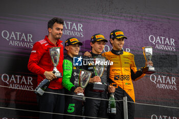 2024-07-06 - ANTONELLI Andrea Kimi (ita), Prema Racing, Dallara F2 2024, MALONY Zane (bar), Rodin Motorsport, Dallara F2 2024 and BORTOLETO Gabriel (bra), Invicta Racing, Dallara F2 2024, portrait, podium during the 8th round of the 2024 FIA Formula 2 Championship from July 5 to 7, 2024 on the Silverstone Circuit, in Silverstone, United Kingdom - AUTO - FORMULA 2 2024 - SILVERSTONE - FORMULA 2 - MOTORS