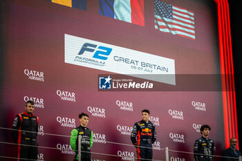 2024-07-07 - HADJAR Isack (fra), Campos Racing, Dallara F2 2024, MALONY Zane (bar), Rodin Motorsport, Dallara F2 2024 and CRAWFORD Jak (usa), DAMS Lucas Oil, Dallara F2 2024, portrait, podium during the 8th round of the 2024 FIA Formula 2 Championship from July 5 to 7, 2024 on the Silverstone Circuit, in Silverstone, United Kingdom - AUTO - FORMULA 2 2024 - SILVERSTONE - FORMULA 2 - MOTORS