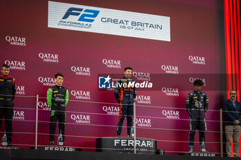 2024-07-07 - HADJAR Isack (fra), Campos Racing, Dallara F2 2024, MALONY Zane (bar), Rodin Motorsport, Dallara F2 2024 and CRAWFORD Jak (usa), DAMS Lucas Oil, Dallara F2 2024, portrait, podium during the 8th round of the 2024 FIA Formula 2 Championship from July 5 to 7, 2024 on the Silverstone Circuit, in Silverstone, United Kingdom - AUTO - FORMULA 2 2024 - SILVERSTONE - FORMULA 2 - MOTORS