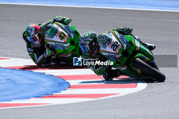 2024-06-15 - (22) Alex Lowes from United Kingdom of Kawasaki Racing Team World SBK, rides Kawasaki ZX-10RR and (47) Axel Bassani from Italy of Kawasaki Racing Team WorldSBK, rides Kawasaki ZX-10RR in action during the FIM Motul Superbike World Championship - Tissot Superpole race 1 of Emilia Romagna Round at Marco Simoncelli WorldCircuit in Misano Adriatico on June 15, 2024 in Misano Adriatico, Rimini, Italy. - PIRELLI EMILIA ROMAGNA ROUND - TISSOT SUPERPOLE - SUPERBIKE - MOTORS