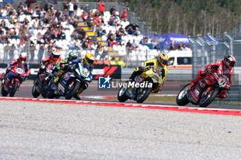 2024-09-21 - (11) Nicolo Bulega from Italy of Aruba.it Ducati Team, rides Ducati Panigale V4R followed by (29) Andrea Iannone from Italy of Team GoEleven, rides Ducati Panigale V4R in action during the FIM Motul Superbike World Championship - Race 1 of Acerbis Italian Round at Cremona Circuit in San Martino del Lago on September 21, 2024, Cremona, Italy. - ACERBIS ITALIAN ROUND - SUPERBIKE - MOTORS