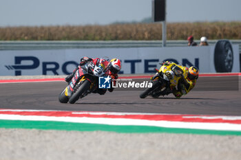 2024-09-21 - (9) Danilo Petrucci from Italy of Brani Spark Racing Team, rides Ducati Panigale V4R followed by (29) Andrea Iannone from Italy of Team GoEleven, rides Ducati Panigale V4R in action during the FIM Motul Superbike World Championship - Race 1 of Acerbis Italian Round at Cremona Circuit in San Martino del Lago on September 21, 2024, Cremona, Italy. - ACERBIS ITALIAN ROUND - SUPERBIKE - MOTORS