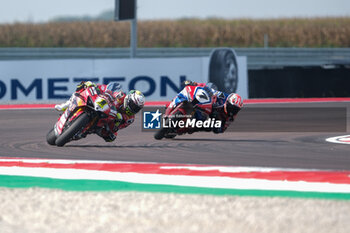 2024-09-21 - (1) Alvaro Bautista from Spain of Aruba.it Ducati Team, rides Ducati Panigale V4R followed by (7) Iker Lecuona from Spain of Team HRC, rides Honda CBR1000-RR in action during the FIM Motul Superbike World Championship - Race 1 of Acerbis Italian Round at Cremona Circuit in San Martino del Lago on September 21, 2024, Cremona, Italy. - ACERBIS ITALIAN ROUND - SUPERBIKE - MOTORS