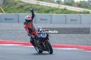 2024-09-21 - (9) Danilo Petrucci from Italy of Brani Spark Racing Team, rides Ducati Panigale V4R celebrates the victory of the FIM Motul Superbike World Championship - Race 1 of Acerbis Italian Round at Cremona Circuit in San Martino del Lago on September 21, 2024, Cremona, Italy. - ACERBIS ITALIAN ROUND - SUPERBIKE - MOTORS