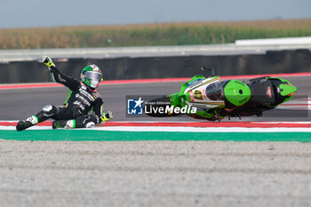 2024-09-21 - Crash of (47) Axel Bassani from Italy of Kawasaki Racing Team WorldSBY, rides Kawasaki ZX-10RR during the FIM Motul Superbike World Championship - Free practice session of Acerbis Italian Round at Cremona Circuit in San Martino del Lago on September 21, 2024, Cremona, Italy. - ACERBIS ITALIAN ROUND - FREE PRACTICE - SUPERBIKE - MOTORS