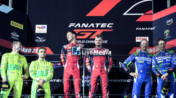 2024-05-18 - #48 Lucas Auer, Maro Engel Of The Team Winward And #32 Dries Vanthoor, Charles Weerts Of The Team Wrt, Bmw M4 Gt3 And #46 Maxime Martin, Valentino Rossi In Celebrating The Final Podium Race2 ,During Fanatec Gt World Challange Misano 2024 ,18 May , In Misano , Italy - FANATEC GT WORLD CHALLANGE MISANO 2024 - GRAND TOURISM - MOTORS