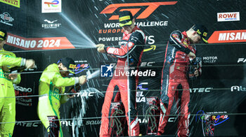 2024-05-18 - #48 Lucas Auer, Maro Engel Of The Team Winward And #32 Dries Vanthoor, Charles Weerts Of The Team Wrt, Bmw M4 Gt3 And #46 Maxime Martin, Valentino Rossi In Celebrating The Final Podium Race2 ,During Fanatec Gt World Challange Misano 2024 ,18 May , In Misano , Italy - FANATEC GT WORLD CHALLANGE MISANO 2024 - GRAND TOURISM - MOTORS