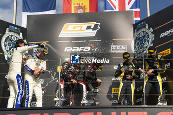 2024-05-18 - podium IBANEZ TRULLOLS Liuc (spa), NM Racing Team, Mercedes-AMG GT4, portrait PAPADOPULOS Alexandre (usa), NM Racing Team, Mercedes-AMG GT4, portrait CONSANI Robert (fra), Team Speedcar, Audi R8 LMS GT4, portrait LARICHE Benjamin (fra), Team Speedcar, Audi R8 LMS GT4, portrait RATTICAN Joshua (gbr), Elite Motorsport with Entire Race Engineering, McLaren Artura GT4, portrait LEBRON Thomas (gbr), Elite Motorsport with Entire Race Engineering, McLaren Artura GT4, portrait during the 2nd round of the 2024 GT4 European Series powered by Rafa Racing Club on the Misano World Circuit Marco Simoncelli, from May 17 to 19, 2024 in Misano Adriatico, Italy - AUTO - GT4 EUROPEAN SERIES MISANO 2024 - GRAND TOURISM - MOTORS