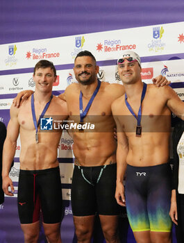2024-03-23 - Maxime Grousset of France, Florent Manaudou of France and Michael Andrew of USA, Men's 50 M Freestyle during the Giant Open 2024, Swimming event on March 23, 2024 at Le Dôme in Saint-Germain-en-Laye, France - SWIMMING - GIANT OPEN 2024 - SWIMMING - SWIMMING