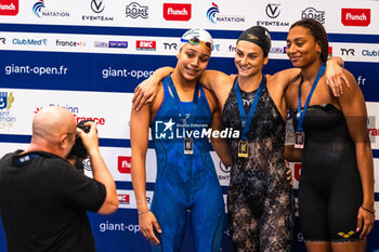 2024-03-23 - Beryl GASTALDELLO (FRA) and Mary Ambre MOLUH (FRA) and Maty NDOYE BROUARD (FRA), Women 50m Butterfly stroke final, during the Giant Open 2024, Swimming event on March 23, 2024 at Le Dôme in Saint-Germain-en-Laye, France - SWIMMING - GIANT OPEN 2024 - SWIMMING - SWIMMING