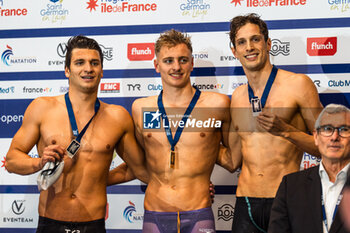 2024-03-23 - Lucien VERGNES (FRA) and Antoine MARC (FRA) and Antoine VIQUERAT (FRA), men 200m Breatstroke final, during the Giant Open 2024, Swimming event on March 23, 2024 at Le Dôme in Saint-Germain-en-Laye, France - SWIMMING - GIANT OPEN 2024 - SWIMMING - SWIMMING
