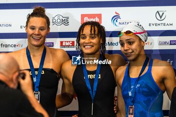 23/03/2024 - Analia PIGREE (FRA) and Pauline MAHIEU (FRA) and Mary Ambre MOLUH (FRA),women 50m backstroke final, during the Giant Open 2024, Swimming event on March 23, 2024 at Le Dôme in Saint-Germain-en-Laye, France - SWIMMING - GIANT OPEN 2024 - NUOTO - NUOTO