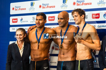 23/03/2024 - Joao Luiz GOMES JUNIOR (BRA) and Carl AITKACI (FRA) and Antoine VIQUERAT (FRA),men 50m breaststroke finale, during the Giant Open 2024, Swimming event on March 23, 2024 at Le Dôme in Saint-Germain-en-Laye, France - SWIMMING - GIANT OPEN 2024 - NUOTO - NUOTO