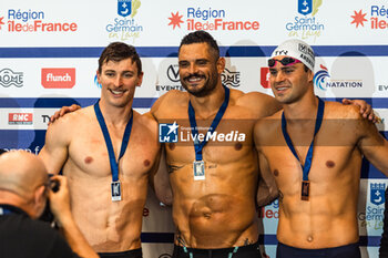 2024-03-23 - Florent MANAUDOU (FRA) and Maxime GROUSSET (FRA) and Michael ANDREW (USA), men 50m freestyle swimming final, during the Giant Open 2024, Swimming event on March 23, 2024 at Le Dôme in Saint-Germain-en-Laye, France - SWIMMING - GIANT OPEN 2024 - SWIMMING - SWIMMING