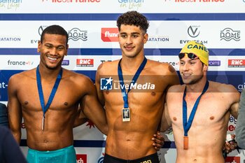 2024-03-24 - Joris BOUCHAUT (FRA) and Ahmed JAOUADI (TUN) andTommy Lee CAMBLONG (FRA), men 400m freestyle swimming final, during the Giant Open 2024, Swimming event on March 24, 2024 at Le Dôme in Saint-Germain-en-Laye, France - SWIMMING - GIANT OPEN 2024 - SWIMMING - SWIMMING