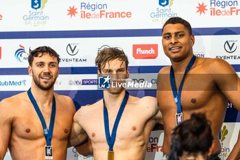 2024-03-24 - Roman MITYUKOV (SUI) and Mewen TOMAC (FRA) and Yohann NDOYE BROUARD (FRA), men 200m backstroke final, during the Giant Open 2024, Swimming event on March 24, 2024 at Le Dôme in Saint-Germain-en-Laye, France - SWIMMING - GIANT OPEN 2024 - SWIMMING - SWIMMING