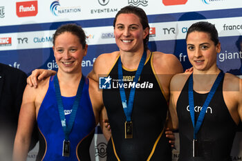 24/03/2024 - Justine DELMAS (FRA) and Charlotte BONNET (FRA) and Lisa MAMIE (FRA), women 50m breaststroke final, during the Giant Open 2024, Swimming event on March 24, 2024 at Le Dôme in Saint-Germain-en-Laye, France - SWIMMING - GIANT OPEN 2024 - NUOTO - NUOTO