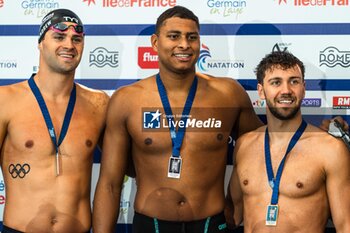 24/03/2024 - Michael ANDREW (USA) and Yohann NDOYE BROUARD (FRA) and Mewen TOMAC (FRA), men 50m backstroke final, during the Giant Open 2024, Swimming event on March 24, 2024 at Le Dôme in Saint-Germain-en-Laye, France - SWIMMING - GIANT OPEN 2024 - NUOTO - NUOTO