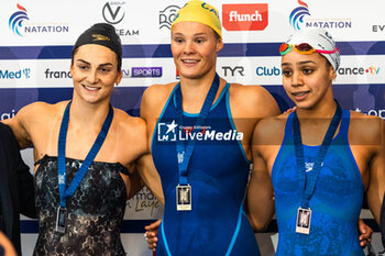 2024-03-24 - Beryl GASTADELLO (FRA) and Pauline MAHIEU (FRA) and Marie Ambre MOLUH (FRA), women 100m backstroke final, during the Giant Open 2024, Swimming event on March 24, 2024 at Le Dôme in Saint-Germain-en-Laye, France - SWIMMING - GIANT OPEN 2024 - SWIMMING - SWIMMING