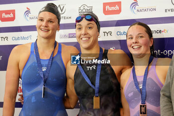 2024-03-24 - WATTEL Marie of France, HARVEY Mary-Sophie of Canada and AVETAND Tabatha of France, Women's 100 M Butterfly during the Giant Open 2024, Swimming event on March 24, 2024 at Le Dôme in Saint-Germain-en-Laye, France - SWIMMING - GIANT OPEN 2024 - SWIMMING - SWIMMING