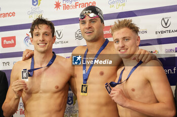 2024-03-24 - VIQUERAT Antoine of France, ANDREW Michael of USA and VERGNES Lucien of France, Men's 100 M BREASTSTROKE during the Giant Open 2024, Swimming event on March 24, 2024 at Le Dôme in Saint-Germain-en-Laye, France - SWIMMING - GIANT OPEN 2024 - SWIMMING - SWIMMING