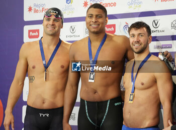 2024-03-24 - ANDREW Michael of USA, NDOYE-BROUARD Yohann of France and TOMAC Mewen of France, Men's 50 M Backstroke during the Giant Open 2024, Swimming event on March 24, 2024 at Le Dôme in Saint-Germain-en-Laye, France - SWIMMING - GIANT OPEN 2024 - SWIMMING - SWIMMING