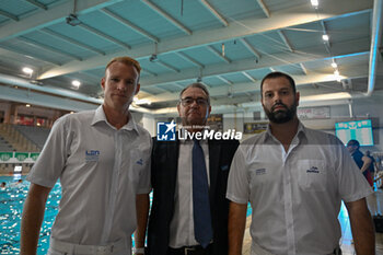 09/10/2024 - The Referee of the match Tamas Kovacs (Ungheria) e Vuk Milovic (Serbia) len delegatue Paulo Ramos (Portogallo) - RN SAVONA VS SABADELL - LEN CUP - CHAMPIONS LEAGUE - PALLANUOTO