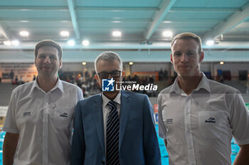 2024-11-19 - The Referee of the match Frank Ohme (GER) - Len delegatue Radu Matache (ROU) The Referee of the match Kovacs-Cslatos Tamas (HUN) - BPER R.N. SAVONA VS – VK PRIMORAC KOTOR - LEN CUP - CHAMPIONS LEAGUE - WATERPOLO