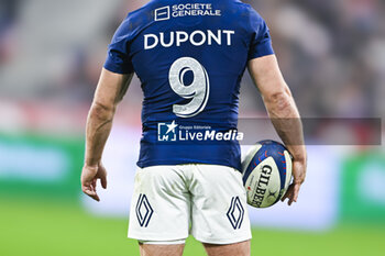 16/11/2024 - Illustration with the jersey of French player Antoine Dupont (9) from back with the logo of Societe Generale and Gilbert ball during the Autumn Nations Series XV rugby match France VS New Zealand All Blacks at Stade de France in Saint Denis near Paris, on November 16 2024. Photo Victor Joly / DPPI - RUGBY - AUTUMN NATIONS SERIES 2024 - FRANCE V NEW ZEALAND - AUTUMN NATIONS SERIES - RUGBY