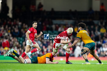 2024-11-17 - Aaron Wainwright of Wales under pressure from Seru Uru of Australia during the 2024 Autumn Nations Series rugby union match between Wales and Australia on 17 November 2024 at Millenium Stadium in Cardiff, Wales - RUGBY - AUTUMN NATIONS SERIES 2024 - WALES V AUSTRALIA - AUTUMN NATIONS SERIES - RUGBY