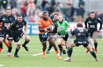 2024-01-14 - Victor Sekekete of Toyota Cheetah's and Martin Puech, Thomas Carol of Section Paloise during the EPCR Challenge Cup rugby union match between Toyota Cheetahs and Section Paloise (Pau) on January 14, 2024 at NRCA Amsterdam in Amsterdam, Netherlands - RUGBY - CHALLENGE CUP - CHEETAHS V PAU - CHALLENGE CUP - RUGBY