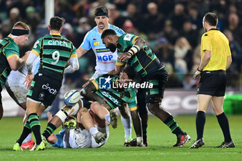 2024-01-12 - Northampton Saints back row Courtney Laws (6) fumbles the ball in a tackle during the Champions Cup, rugby union match between Northampton Saints and Aviron Bayonnais (Bayonne) on 12 January 2024 at Franklins Gardens in Northampton, England - RUGBY - CHAMPIONS CUP - NORTHAMPTON V BAYONNE - CHAMPIONS CUP - RUGBY