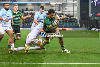 2024-01-12 - Northampton Saints back row Courtney Laws (6) scores a try during the Champions Cup, rugby union match between Northampton Saints and Aviron Bayonnais (Bayonne) on 12 January 2024 at Franklins Gardens in Northampton, England - RUGBY - CHAMPIONS CUP - NORTHAMPTON V BAYONNE - CHAMPIONS CUP - RUGBY