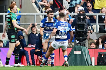 2024-06-08 - Bath wing Will Muir (11) scores a try and celebrates with Bath centre Cameron Redpath (12) during the English championship, Gallagher Premiership Rugby Union Final match between Northampton Saints and Bath Rugby on 8 June 2024 at Twickenham stadium in Richmond, London, England - RUGBY - ENGLISH CHAMPIONSHIP - FINAL - NORTHAMPTON V BATH - PREMERSHIP RUGBY UNION - RUGBY